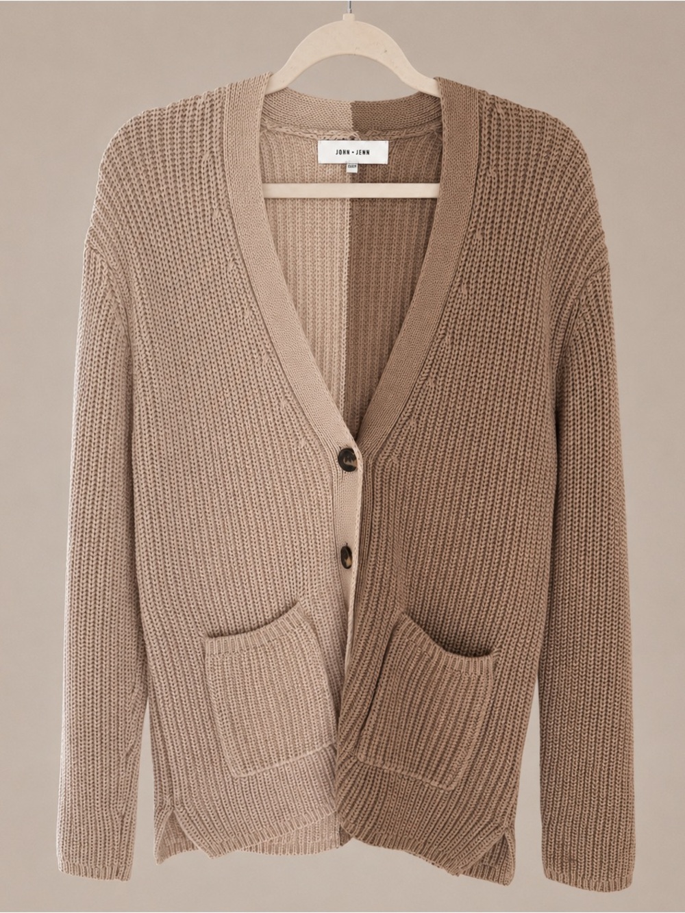 John + Jenn Two-Tone Chunky Knit Cardigan Sweater XS Beige Taupe